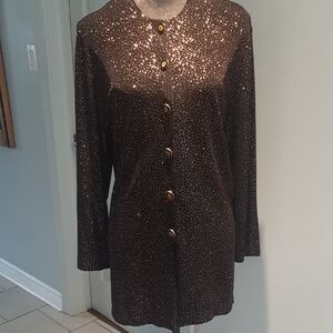 Lori Ann💝VINTAGE Gold Sparkly on Black Button Down Shirt/Jacket/Tunic Size 12+